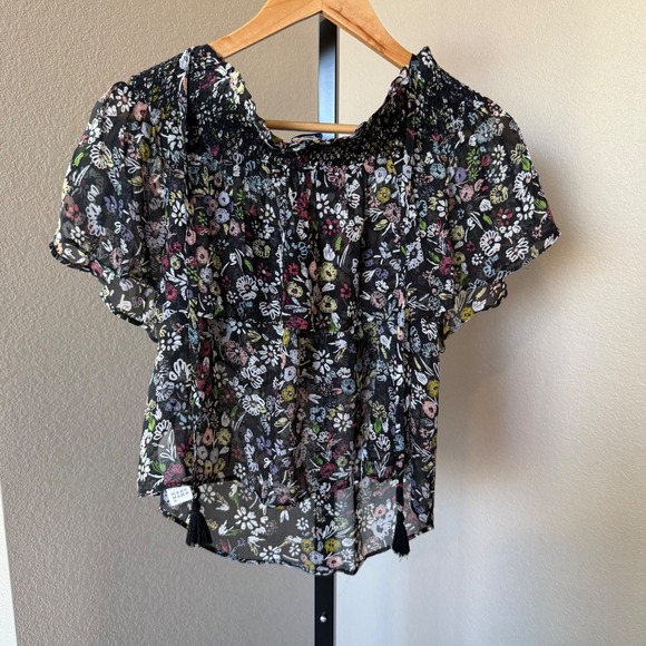 Rebecca Minkoff Ghirardelli Floral Off Shoulder Top Smocked Neckline Blouse L - Picture 4 of 10